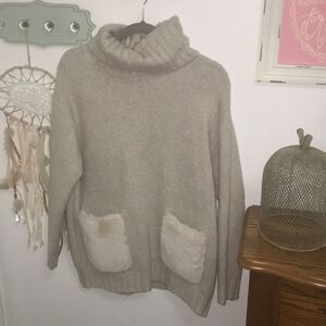 Magaschoni XS Cozy Knit Turtleneck Sweater w/ Faux Fur Pockets